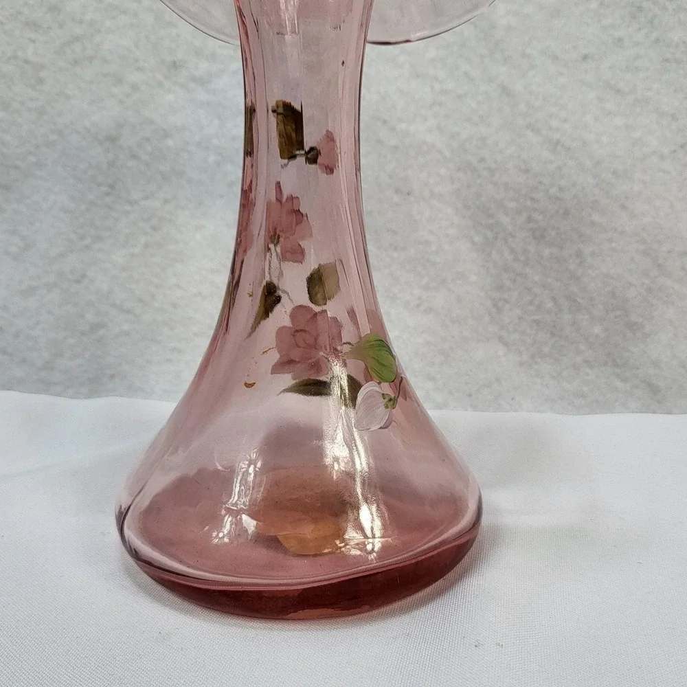 Fenton Pink Glass‎ Hand Painted Floral Ruffled Vase Signed 1991 USA